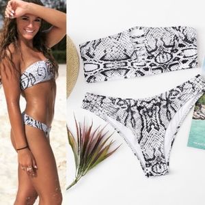 Boho Snakeskin Print White Cut out Cheeky Bikini Swim